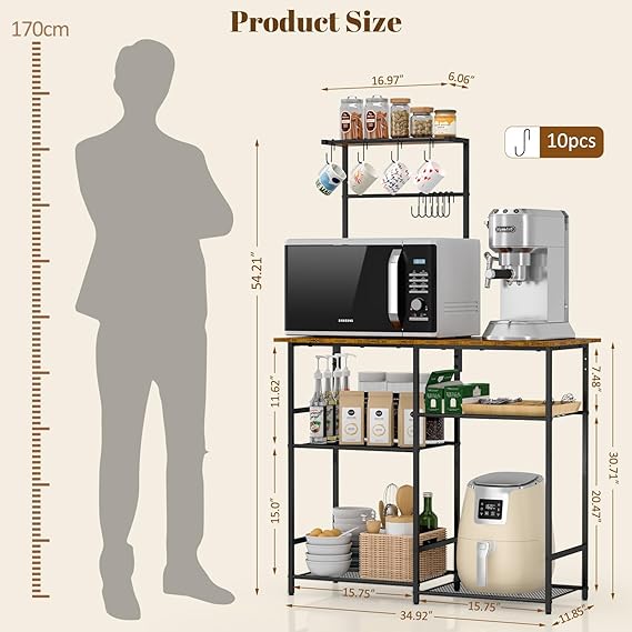 Baker's Rack for Kitchen with Storage, Microwave Stand with Adjustable Shelves, Kitchen Stand with 10 S Hooks, 6-Tier Coffee Bar Station, Kitchen Shelves for Spices, Pots, Rustic Brown - Image 4