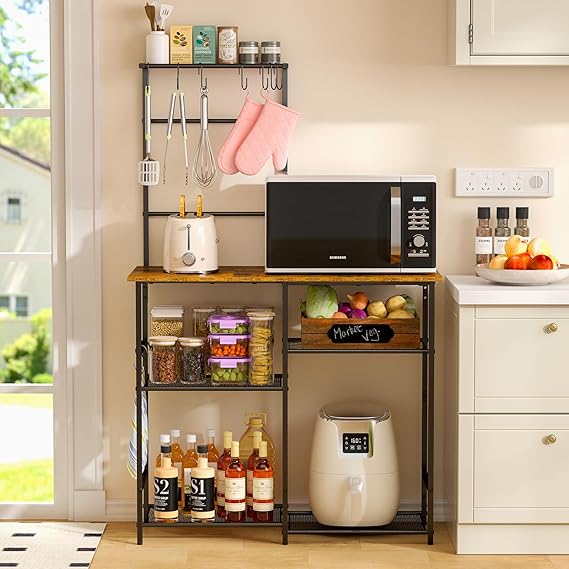 Baker's Rack for Kitchen with Storage, Microwave Stand with Adjustable Shelves, Kitchen Stand with 10 S Hooks, 6-Tier Coffee Bar Station, Kitchen Shelves for Spices, Pots, Rustic Brown - Image 2