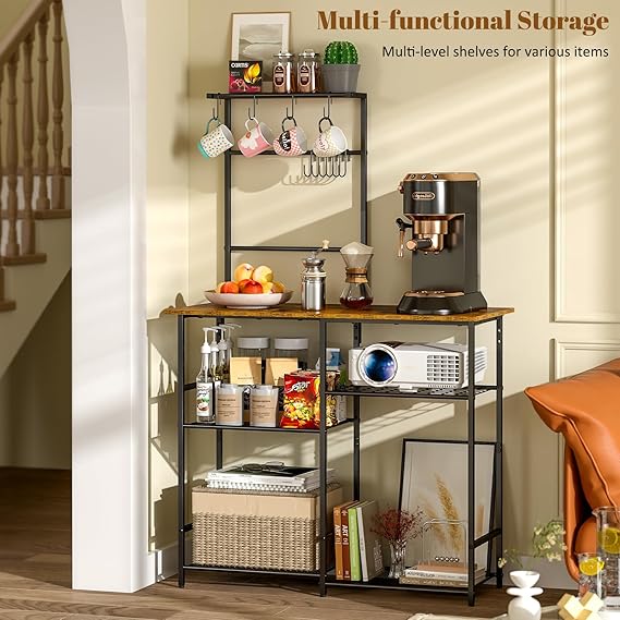 Baker's Rack for Kitchen with Storage, Microwave Stand with Adjustable Shelves, Kitchen Stand with 10 S Hooks, 6-Tier Coffee Bar Station, Kitchen Shelves for Spices, Pots, Rustic Brown - Image 3